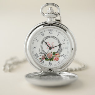 Vintage Pink Roses, Engraved Frame and Monogram Pocket Watch