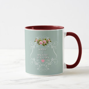 Vintage Pink Roses Floral and Sage Green Wedding Mug