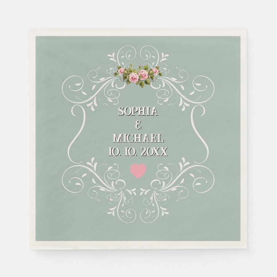 Vintage Pink Roses Floral and Sage Green Wedding  Napkins