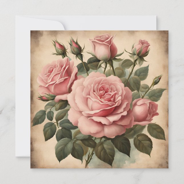 Vintage Pink Roses Floral Bouquet Illustration  Card (Front)