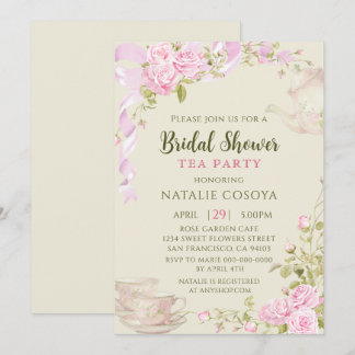 Vintage Pink Roses Floral Bridal Shower Tea Party Invitation