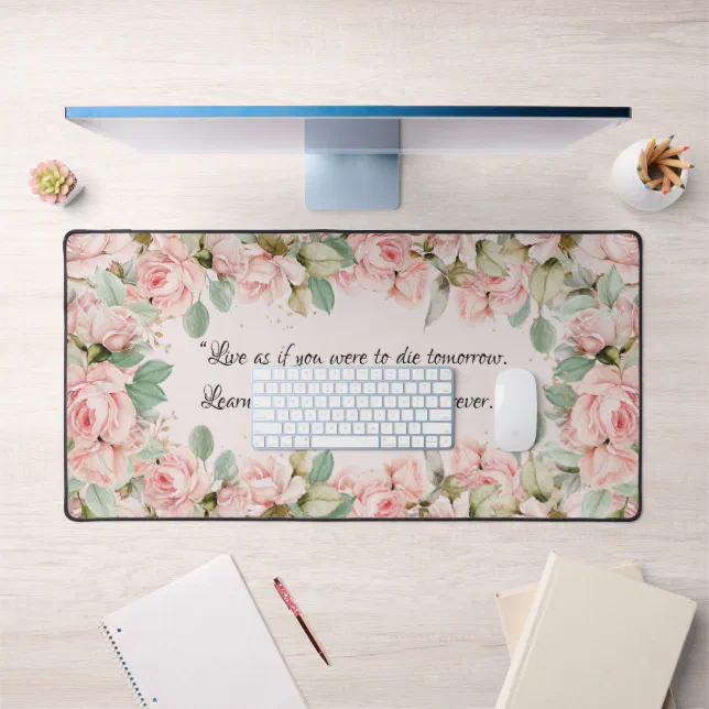 Vintage Pink Roses Floral Inspirational Quote Desk Mat | Zazzle