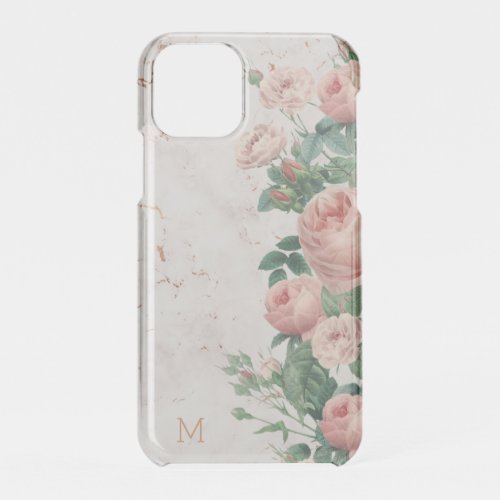 Vintage Pink Roses Floral Marble Custom Clear iPhone 11 Pro Case