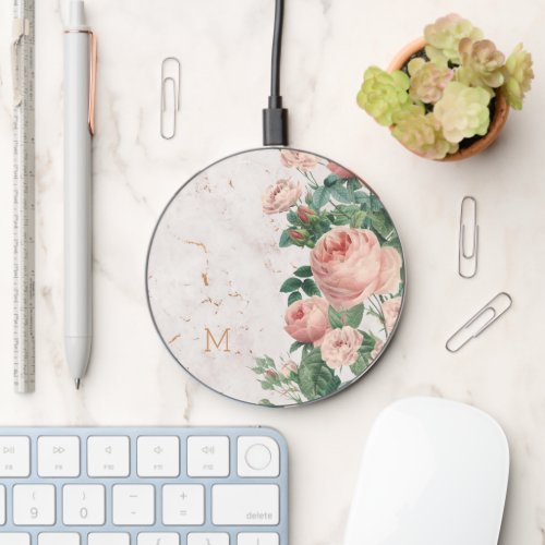 Vintage Pink Roses Floral Marble Custom Wireless Charger