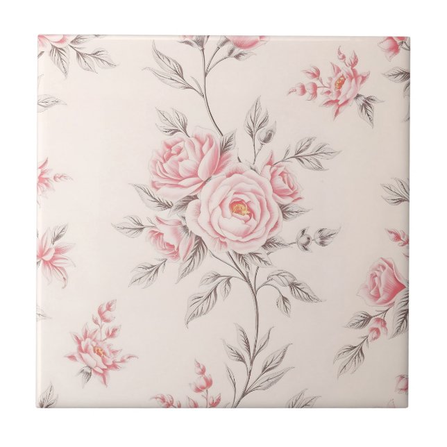 Vintage Pink Roses Floral Pattern Ceramic Tile (Front)