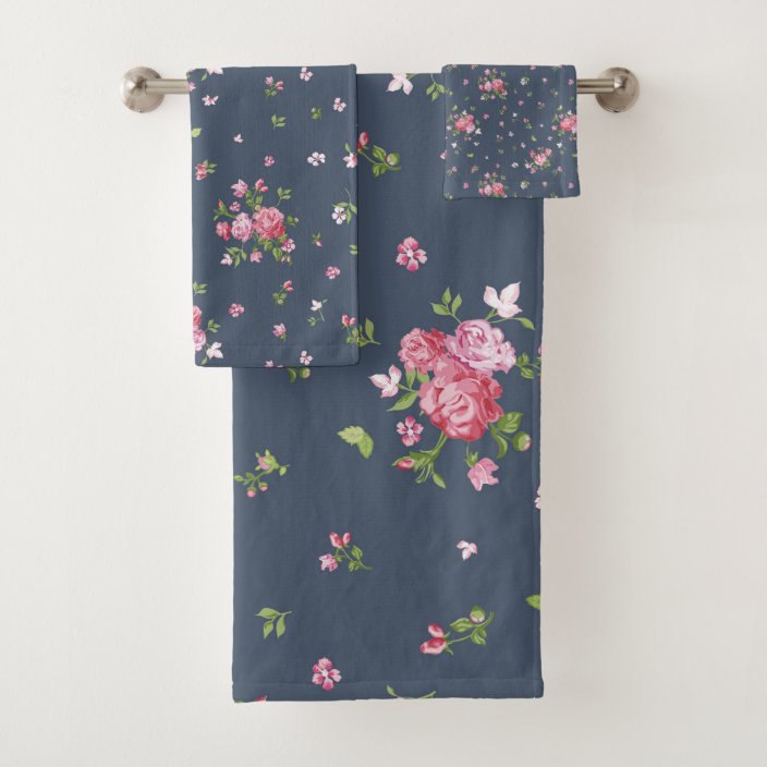 Vintage Pink Roses Floral Pattern Navy Blue Bath Towel Set | Zazzle.com