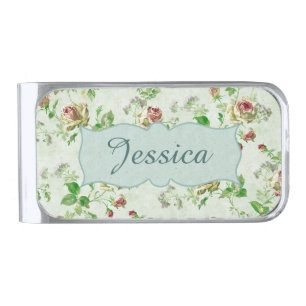 Vintage Pink Roses Floral Pattern Personalised Silver Finish Money Clip