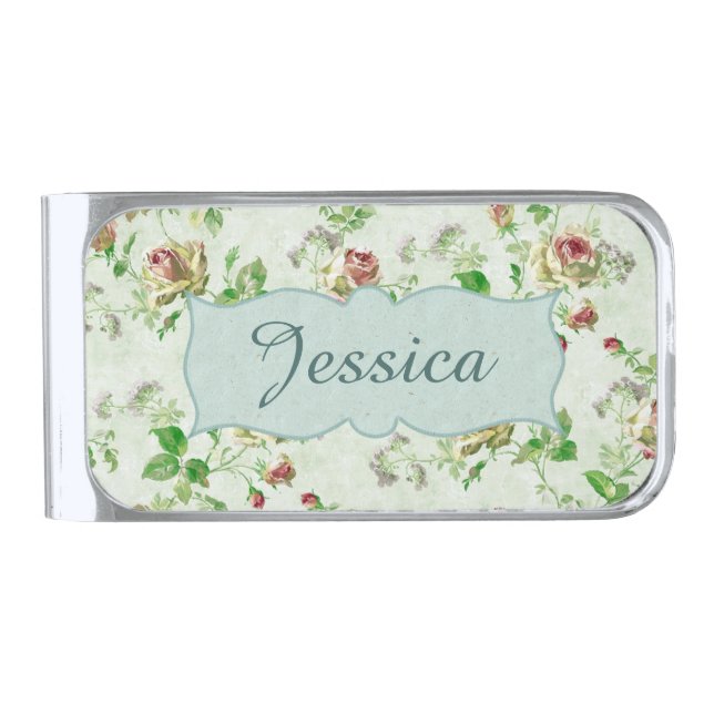 Vintage Pink Roses Floral Pattern Personalised Silver Finish Money Clip (Front)