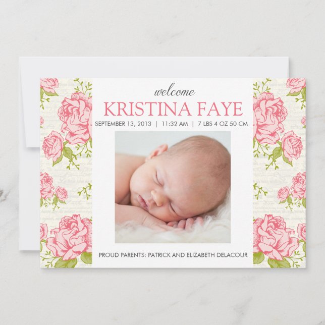 Vintage Pink Roses Floral Photo Birth Announcement (Front)
