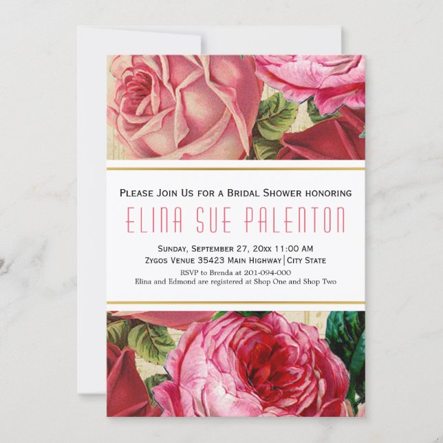 Vintage pink roses floral wedding bridal shower invitation (Front)