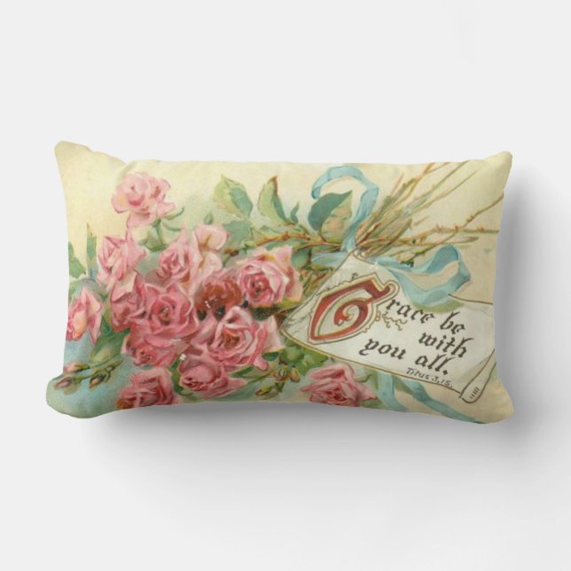 Vintage Pink Roses Flowers Scripture Verse Lumbar Pillow (Front)