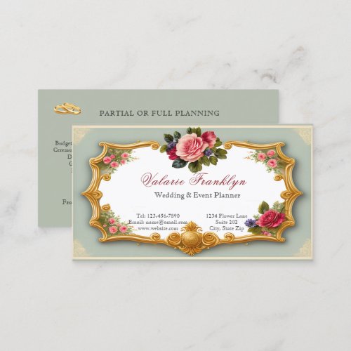 Vintage Pink Roses Gold Filigree Event Planner  Business Card