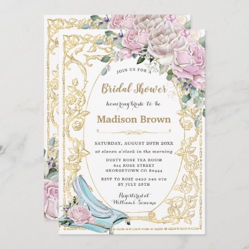 Vintage Pink Roses Gold Princess Bridal Shower Invitation