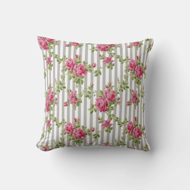 Vintage Pink Roses Gray Stripe Throw Pillow (Front)