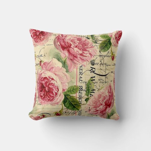 Vintage pink roses home office decor pillow