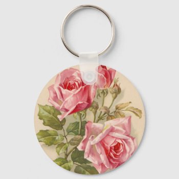 Vintage Pink Roses Keychain by VintageFloralPrints at Zazzle