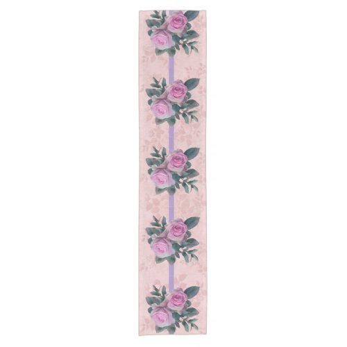 Vintage Pink Roses Lavender Ribbons Faded Damask Short Table Runner