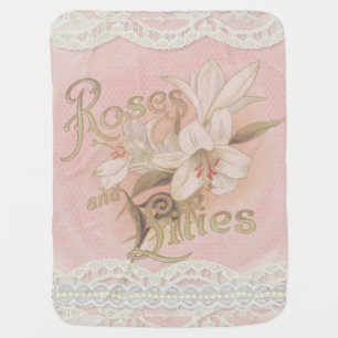 Vintage, Pink Roses, Lilies, and Lace, Custom Stroller Blanket