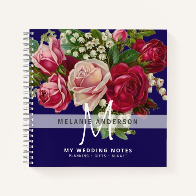 Vintage Pink Roses Monogram Wedding Planning Bride Notebook (Front)