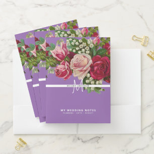 Vintage Pink Roses Monogram Wedding Planning Bride Pocket Folder