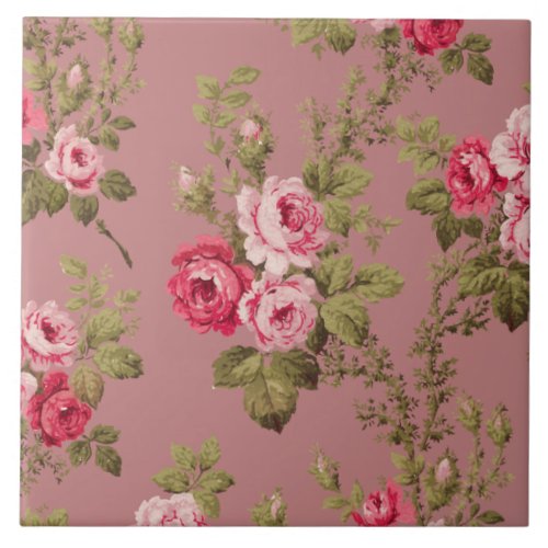 Vintage Pink Roses_Old Rose Background Ceramic Tile