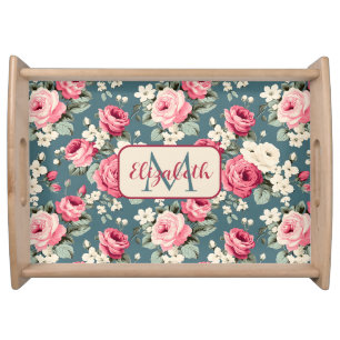 Vintage Pink Roses on Deep Blue Monogram Serving Tray