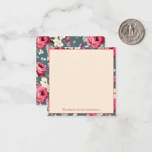 Vintage Pink Roses on Deep Blue Note Card