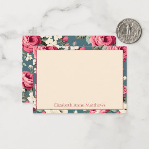 Vintage Pink Roses on Deep Blue Note Card