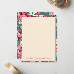 Vintage Pink Roses on Deep Blue Note Card