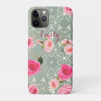 Vintage Pink Roses On Gold Teal Damask Custom Name Case-Mate iPhone Case