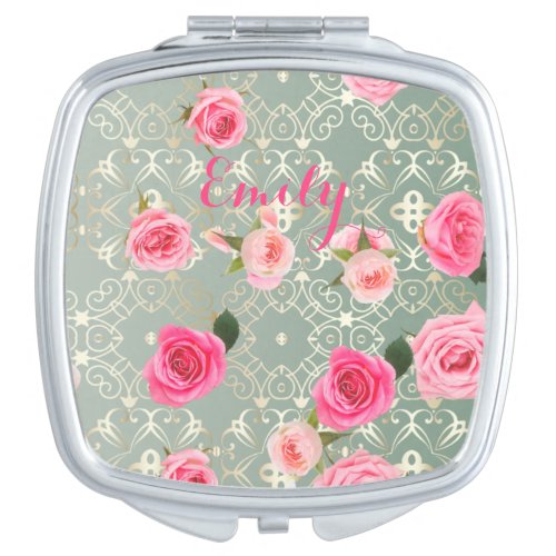 Vintage Pink Roses On Gold Teal Damask Custom Name Compact Mirror