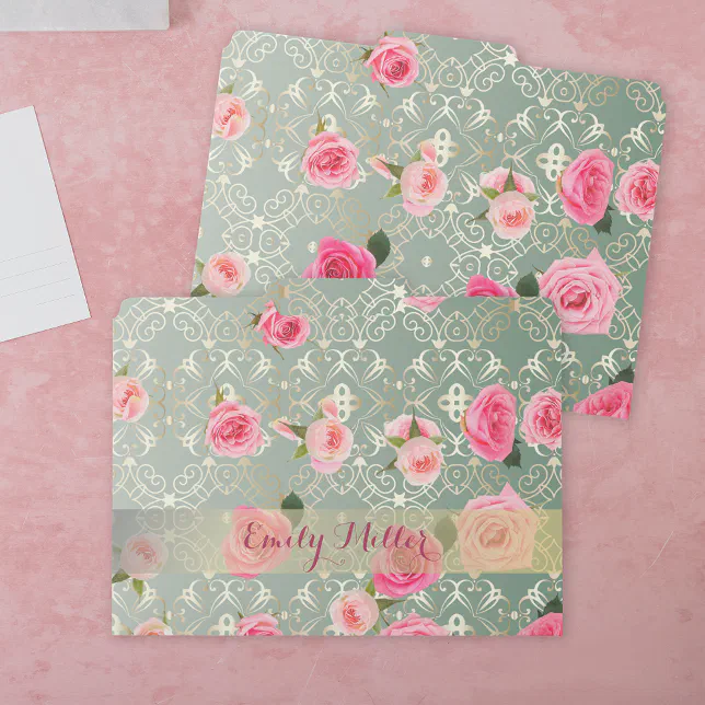 Customised Name Files Vintage Pink Roses on Gold Teal Damask Custom Name File Folder | Zazzle