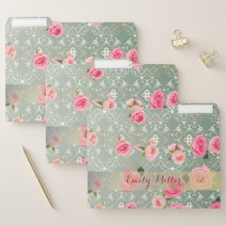 Vintage Pink Roses On Gold Teal Damask Custom Name File Folder