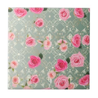 Vintage Pink Roses On Gold Teal Damask Pattern Ceramic Tile