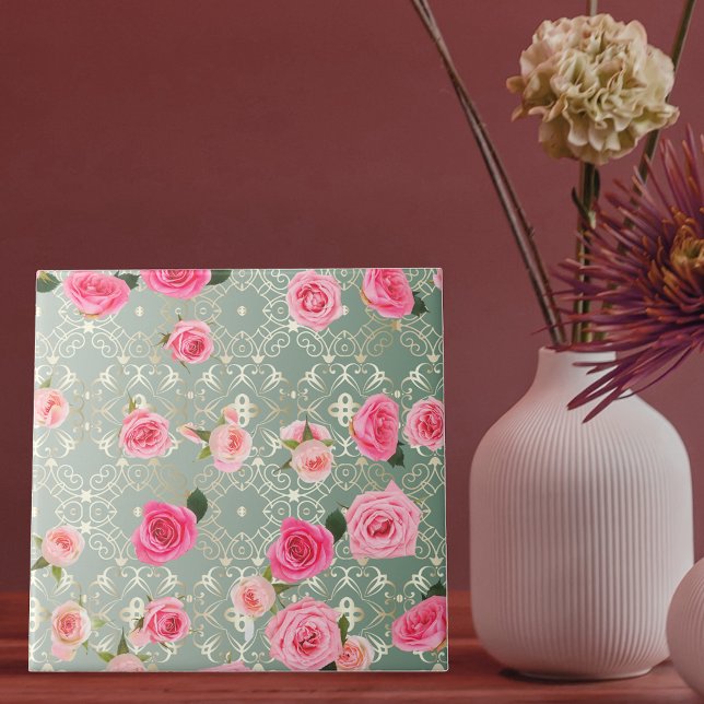 Vintage Pink Roses On Gold Teal Damask Pattern Ceramic Tile (Creator Uploaded)