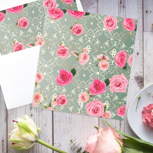 Vintage Pink Roses on Gold Teal Damask Pattern Envelope Liner