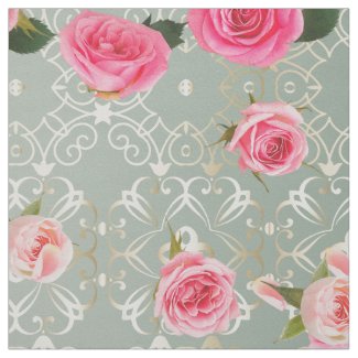 Vintage Pink Roses On Gold Teal Damask Pattern Fabric