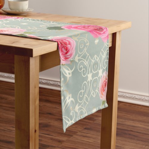 Vintage Pink Roses On Gold Teal Damask Pattern Short Table Runner