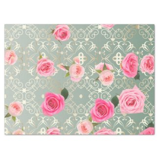 Vintage Pink Roses On Gold Teal Damask Pattern Tissue Paper