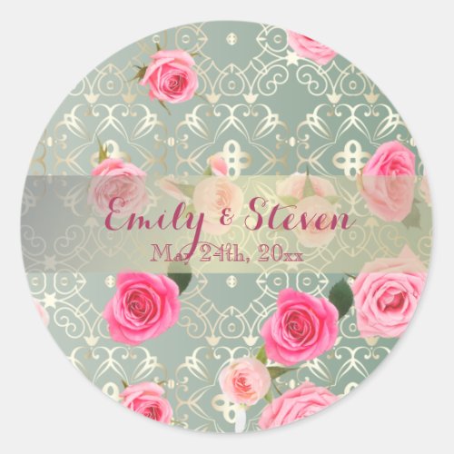 Vintage Pink Roses On Gold Teal Damask Wedding Classic Round Sticker