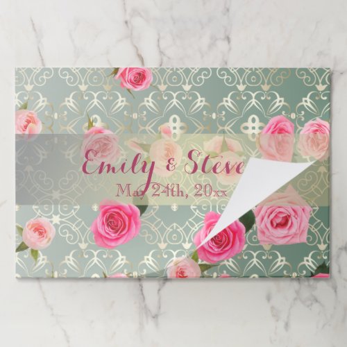 Vintage Pink Roses On Gold Teal Damask Wedding Paper Pad
