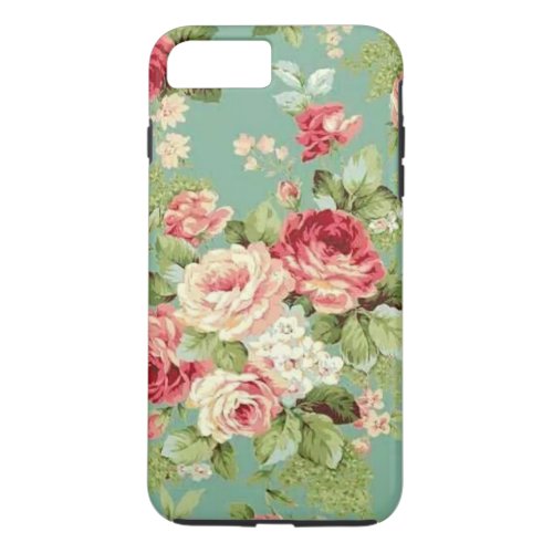 Vintage Pink Roses on Green Wallpaper iPhone 8 Plus7 Plus Case
