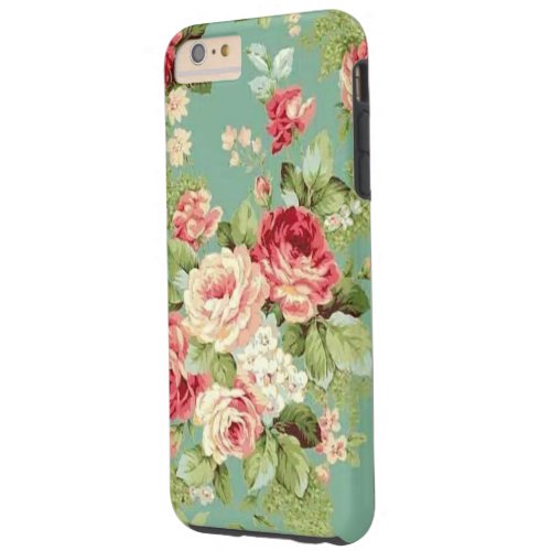 Vintage Pink Roses on Green Wallpaper Tough iPhone 6 Plus Case
