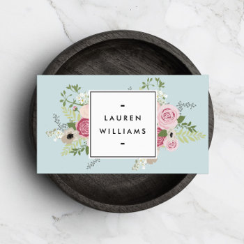 Vintage Pink Roses On Mint Antique Blue Business Card by 1201am at Zazzle