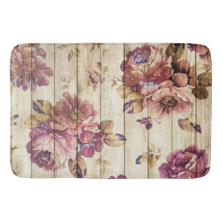Vintage Pink Roses on Wood Bath Mat