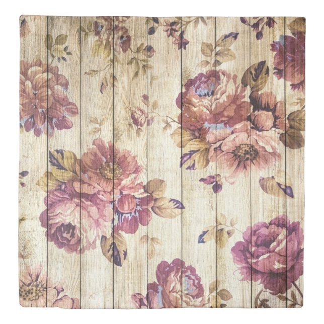 Vintage Pink Roses on Wood Duvet Cover (Front)