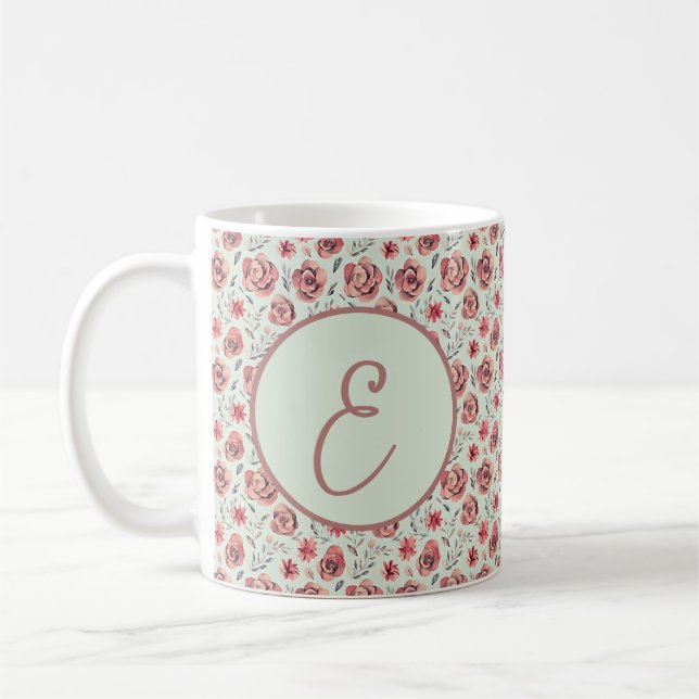 Vintage pink roses pattern monogram coffee mug (Left)
