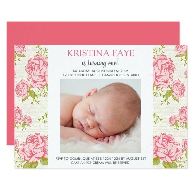 Vintage Pink Roses Photo Birthday Party Invitation