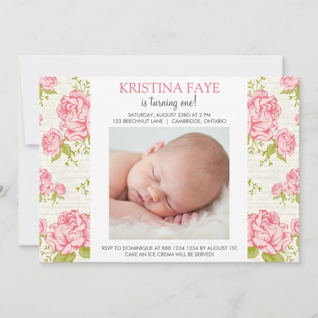 Vintage Pink Roses Photo Birthday Party Invitation (Front)