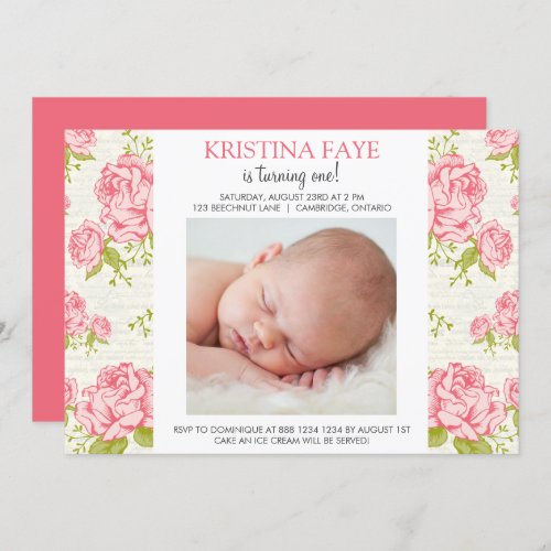 Vintage Pink Roses Photo Birthday Party Invitation